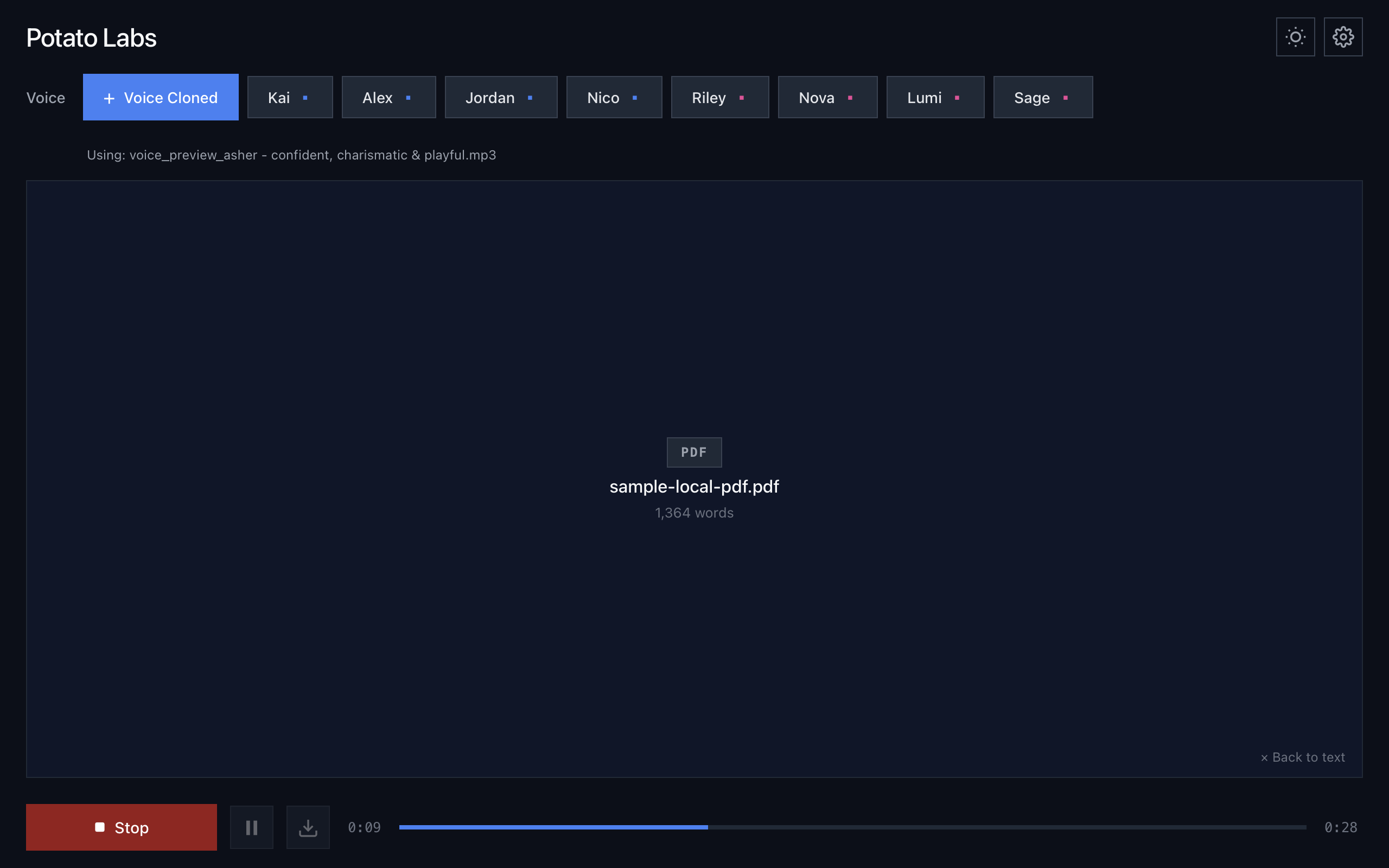 Potato Labs dark mode showing PDF import and playback controls
